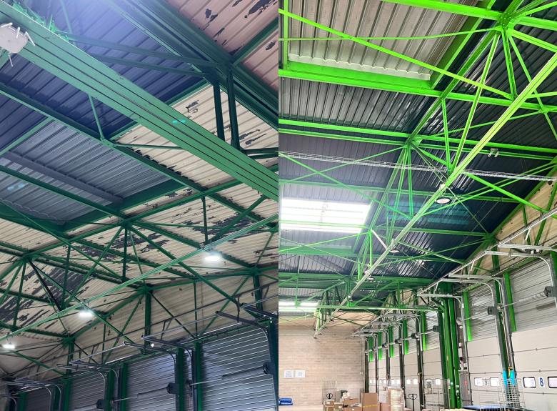 avant/après transformation intérieur bâtiment logistique saint léonard